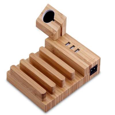 Bamboo Wood USB Charging Station, Desk Stand Charger 3 USB Ports Station Cradle Holder for iPhone/ Apple Watch