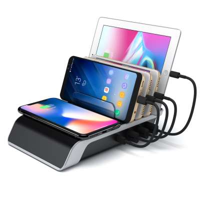 Fast Charging Station 5-in-1 Multiple Phone Dock Stand with 4 USB Ports and 1 QI Wireless Charging Pad Compatible for Samsung