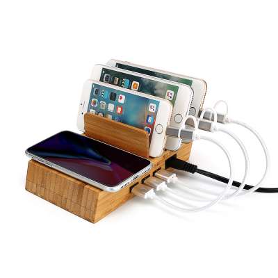 Wood charger station fast wireless charger with 3 ports USB phone charger station for all mobile phones for Apple Iphone